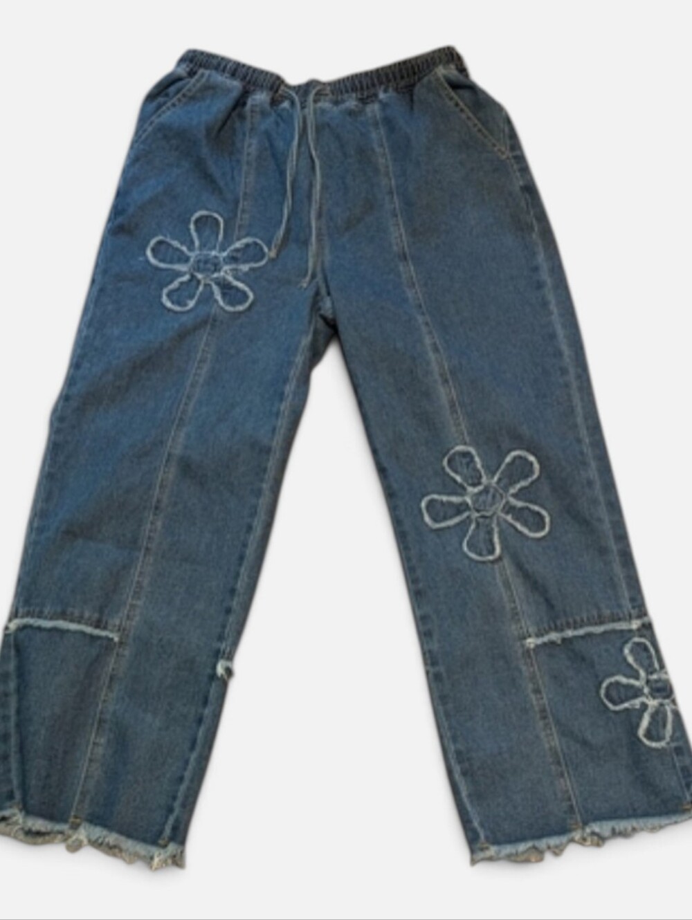 Wide-Leg Denim Jeans with Frayed Hem Dark Wash Floral Design Size Xl